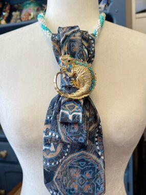 Stunning! Gold Lizard Scarf Pendant Necklace - Vintage Tie Turquoise Accents